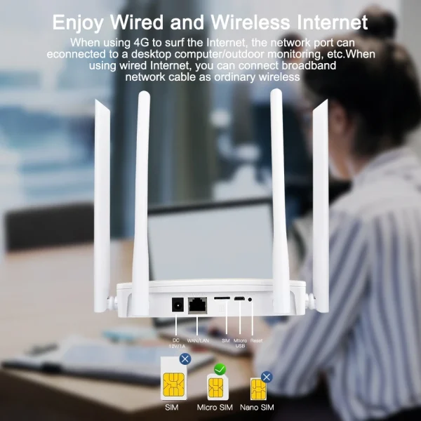 KuWFi-enrutador Wifi 4G LTE de 150Mbps, módem inalámbrico con ranura para tarjeta SIM, RJ45 WAN LAN, 4 antenas, compatible con 10 dispositivos para el hogar - Imagen 4