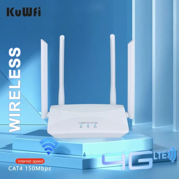 KuWFi-enrutador Wifi 4G LTE de 150Mbps, módem inalámbrico con ranura para tarjeta SIM, RJ45 WAN LAN, 4 antenas, compatible con 10 dispositivos para el hogar