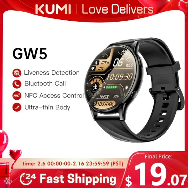 Reloj inteligente KUMI GW5 de 1,39 pulgadas, NFC, Bluetooth 5,2, 100+, frecuencia cardíaca deportiva, presión arterial, monitor de oxígeno, resistente al agua IP68