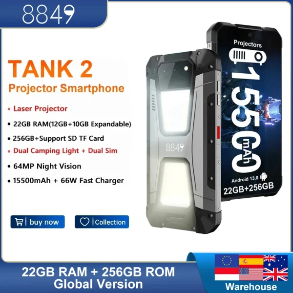 Tel fono Inteligente 8849 Tank 2 DE Unihertz dispositivo resistente con proyector 22GB 256GB 108MP G99