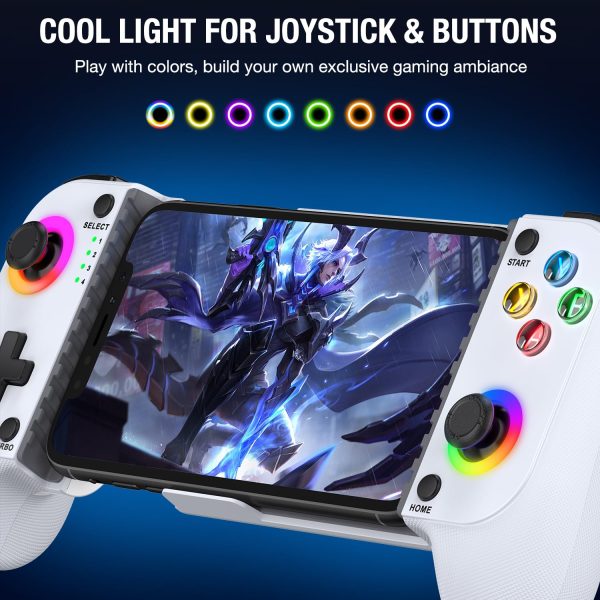 Mocagen Controlador de teléfono para iPhone/Android compatible con funda de teléfono, controlador móvil con luz RGB, joysticks mejorados, Turbo, empuñaduras para pulgar, mando de juegos portátil - Imagen 4