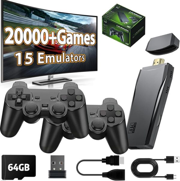 Consola de juegos retro inalámbrica, Nostalgia Gaming Stick, Plug & Play TV Video Gaming Stick con más de 20000 juegos incorporados, 15 emuladores retro 64G, salida HDMI 4K, 2 controladores inalámbricos 2.4G