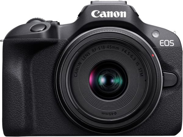 Cámara sin espejo Canon EOS R100 RF-S18-45 mm F4.5-6.3 es kit de lentes STM, sensor CMOS (APS-C) de 24,1 megapíxeles, vídeo 4K, montura RF, negro