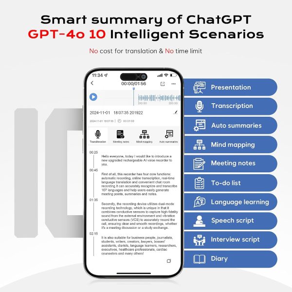 Grabadora de voz AI: grabadora activada por voz con control de aplicaciones, sin costo para transcribir y resumir, potenciada por ChatGPT, compatible con 107 idiomas, grabadoras de audio digitales para reuniones/llamadas/reuniones - Imagen 2