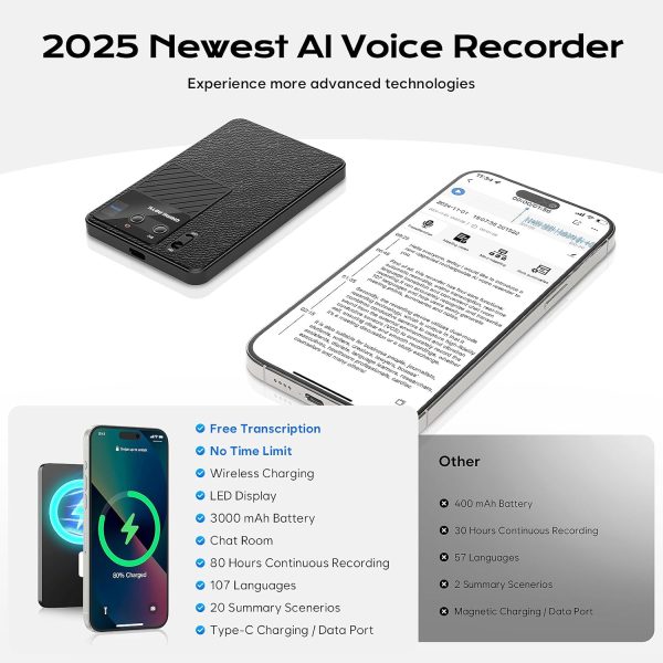 Grabadora de voz AI: grabadora activada por voz con control de aplicaciones, sin costo para transcribir y resumir, potenciada por ChatGPT, compatible con 107 idiomas, grabadoras de audio digitales para reuniones/llamadas/reuniones - Imagen 3