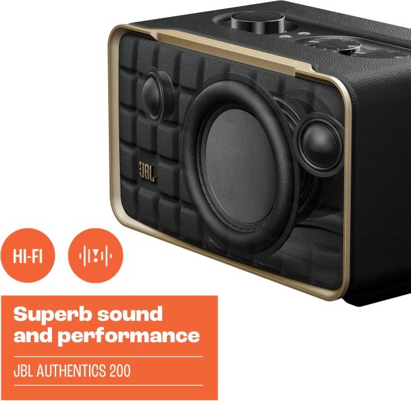 JBL Authentics 200 - Altavoz inteligente para el hogar estilo retro con Wi-Fi integrado, Bluetooth y asistentes de voz, Alexa y Google Assistant, reproducción en varias habitaciones, autoajuste automático - Imagen 4