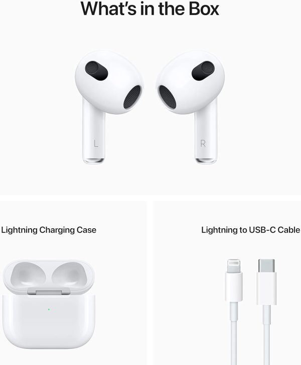 Auriculares inalámbricos Apple AirPods (3.ª generación), auriculares Bluetooth, audio espacial personalizado, resistentes al sudor y al agua, estuche de carga Lightning incluido, hasta 30 horas de duración de la batería - Imagen 6