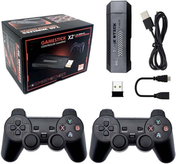 X2 Plus 4K Retro Game Stick, consola de videojuegos HD para el hogar con 2 controladores inalámbricos, salida HDMI, más de 30000 juegos integrados (128 GB)