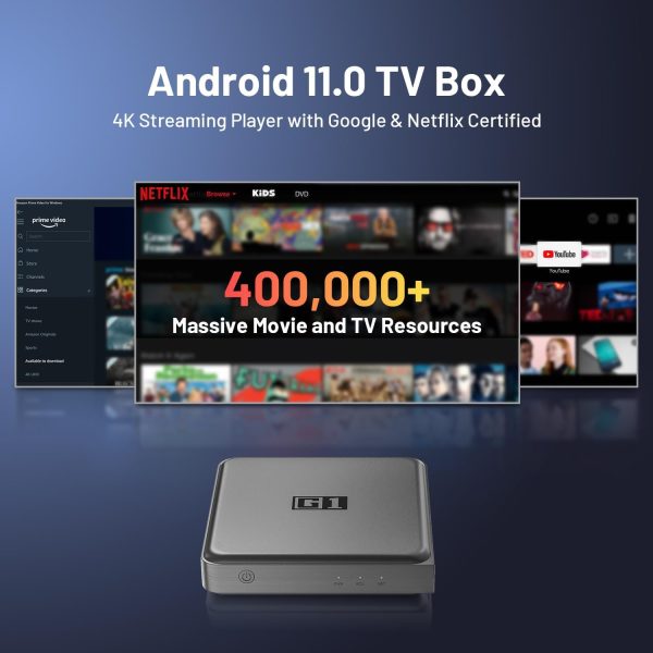 Android 11.0 TV Box - G1 Smart TV Box Compatible con Netflix Certificado por Google, 4GB RAM+32GB ROM Streaming Media Player, 4K60fps HDR 10+, Dolby Vision&Audio, WiFi 6, BT 5.0, Control por Voz/Chromecast - Imagen 2