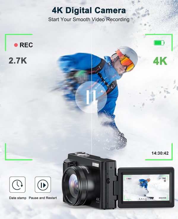 Cámara digital 4K para fotografía y vídeo, cámara de vlogging de 48 MP antivibración para YouTube, cámara de pantalla abatible de 3 pulgadas y 180° con flash zoom 16X, cámara digital con cargador de batería de tarjeta de 32 GB, color negro - Imagen 2