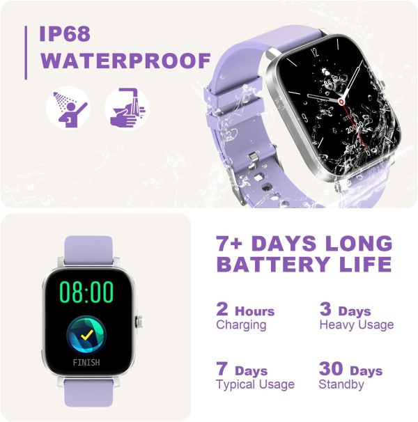 Smart Watch for Men Women Compatible with iPhone Samsung Android Phone 1.69“ Full Touch Screen Watch IP68 Waterproof Bluetooh Fitness Tracker Smart Watch with Heart Rate/Sleep Monitor (Purple) - Imagen 7