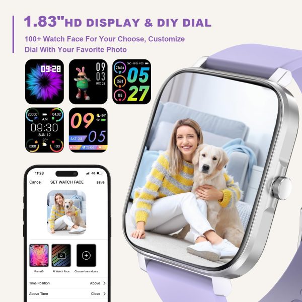 Smart Watch for Men Women Compatible with iPhone Samsung Android Phone 1.69“ Full Touch Screen Watch IP68 Waterproof Bluetooh Fitness Tracker Smart Watch with Heart Rate/Sleep Monitor (Purple) - Imagen 5