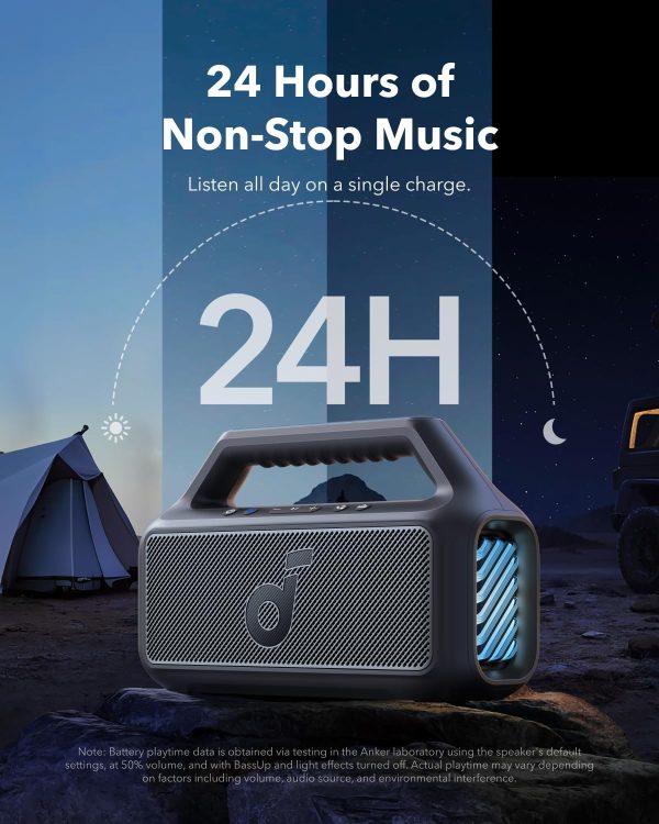 soundcore Boom 2 de Anker, altavoz para exteriores, 80 W, subwoofer, BassUp 2.0, tiempo de reproducción 24 h, resistente al agua IPX7, flotante, luces RGB, USB-C, ecualizador personalizado, Bluetooth 5.3, portátil para acampar, la playa y el patio trasero - Imagen 6