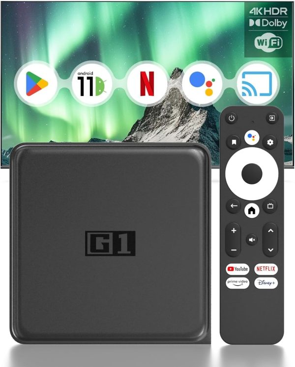 Android 11.0 TV Box - G1 Smart TV Box Compatible con Netflix Certificado por Google, 4GB RAM+32GB ROM Streaming Media Player, 4K60fps HDR 10+, Dolby Vision&Audio, WiFi 6, BT 5.0, Control por Voz/Chromecast