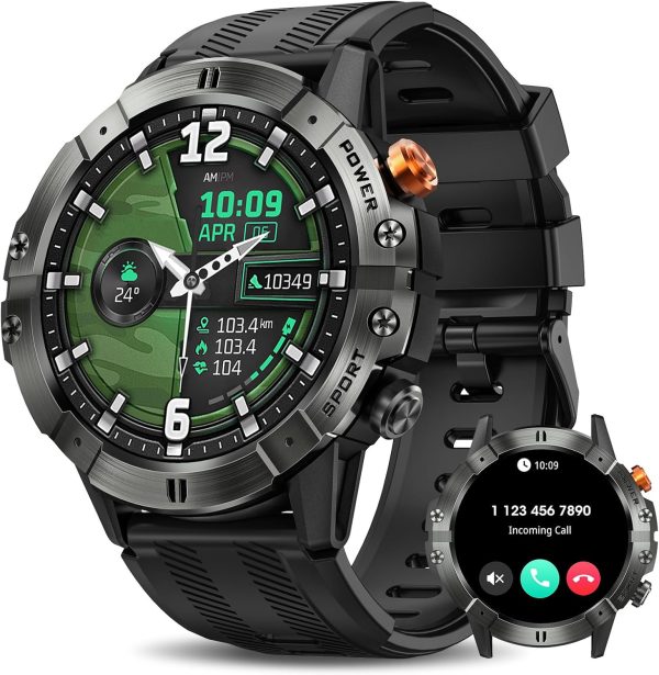 Smart Watches for Men, Bluetooth Call Military Smart Watch, Waterproof Fitness Tracker with Heart Rate/Blood Oxygen/Sleep Monitor/124 Sports Modes, Tactical Watch for Android Phones & iPhone (Black)