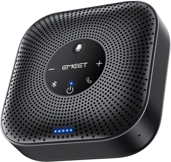 EMEET Altavoz de conferencia M0 Plus, 4 micrófonos AI Captura de voz de 360°, reducción de ruido, altavoz USB C, altavoz de conferencia Bluetooth para 8 personas con cadena tipo margarita para 16 compatible con software líder