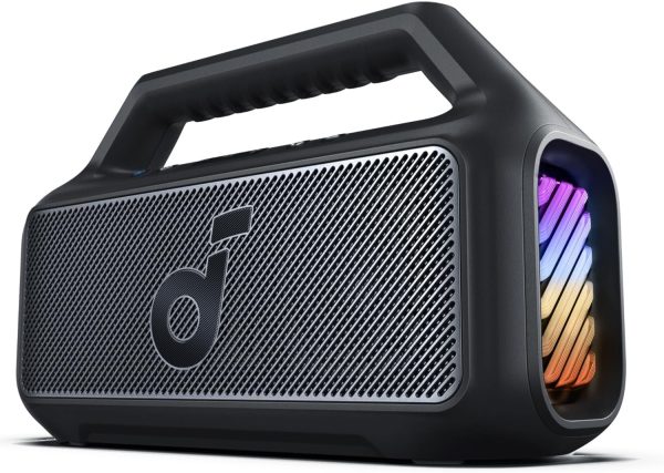 soundcore Boom 2 de Anker, altavoz para exteriores, 80 W, subwoofer, BassUp 2.0, tiempo de reproducción 24 h, resistente al agua IPX7, flotante, luces RGB, USB-C, ecualizador personalizado, Bluetooth 5.3, portátil para acampar, la playa y el patio trasero