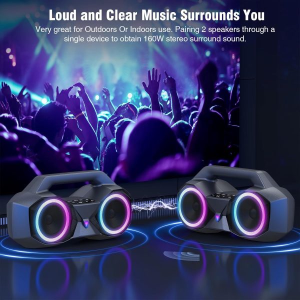 KMAG Altavoz Bluetooth portátil - Altavoces inalámbricos impermeables IPX7 con sonido estéreo HiFi de 80 W, tiempo de reproducción de 20 horas, luz dinámica, graves profundos, emparejamiento dual, 5,3 BT para exteriores, regalos - Imagen 6