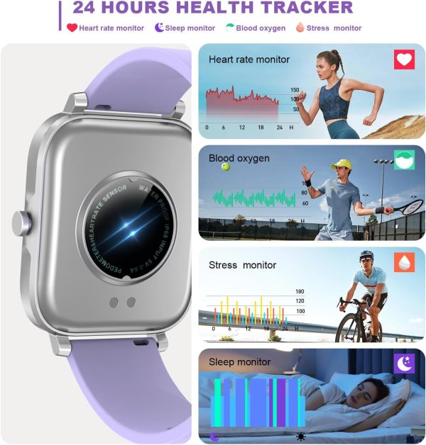 Smart Watch for Men Women Compatible with iPhone Samsung Android Phone 1.69“ Full Touch Screen Watch IP68 Waterproof Bluetooh Fitness Tracker Smart Watch with Heart Rate/Sleep Monitor (Purple) - Imagen 3