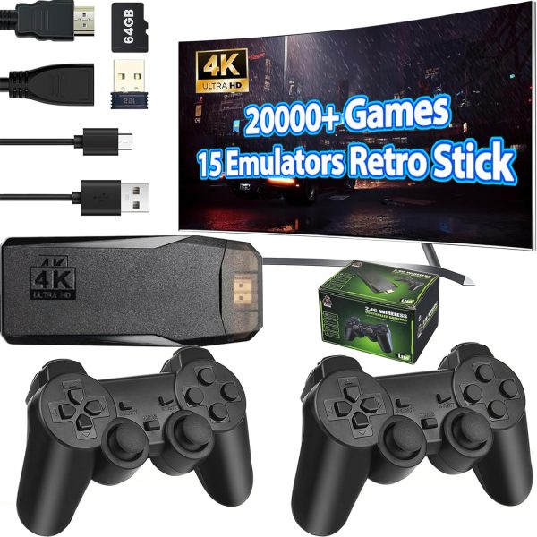 Consola de juegos retro inalámbrica Stick integrado con más de 20000 juegos clásicos, salida HDMI 4K Nostalgia Plug & Play Retro Video Gaming Stick con 15 emuladores y controlador inalámbrico dual 2.4G (tarjeta de memoria de 64 GB)