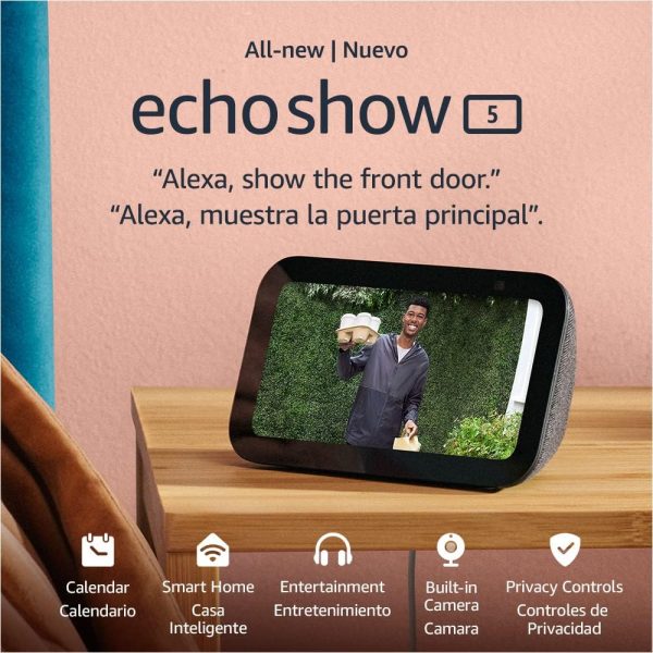 Nuevo Echo Show 5 (3.a generación, lanzamiento en 2023) | Pantalla inteligente con graves más profundos y sonido más claro | Versión internacional con adaptador de corriente estadounidense | Carbón