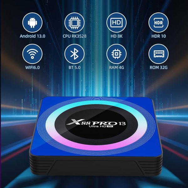 Android 13.0 TV Box, 6K 8K Android Box con 4GB RAM 32GB ROM RK3528 Soporte de cuatro núcleos WiFi6 2.4Ghz/5.0Ghz HDR10 BT 5.0 H.265 USB 2.0 3.0 3D Ethernet con mini teclado retroiluminado - Imagen 2