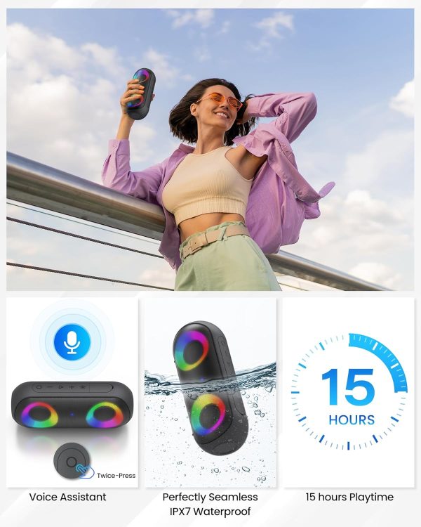 Altavoces Bluetooth con luz, Bluetooth inalámbrico portátil de 30 W (rango de 100 pies), sonido estéreo fuerte, altavoces de ducha impermeables IPX7, luces rítmicas multicolores RGB, tiempo de reproducción de 1000 minutos para interiores y exteriores - Imagen 4