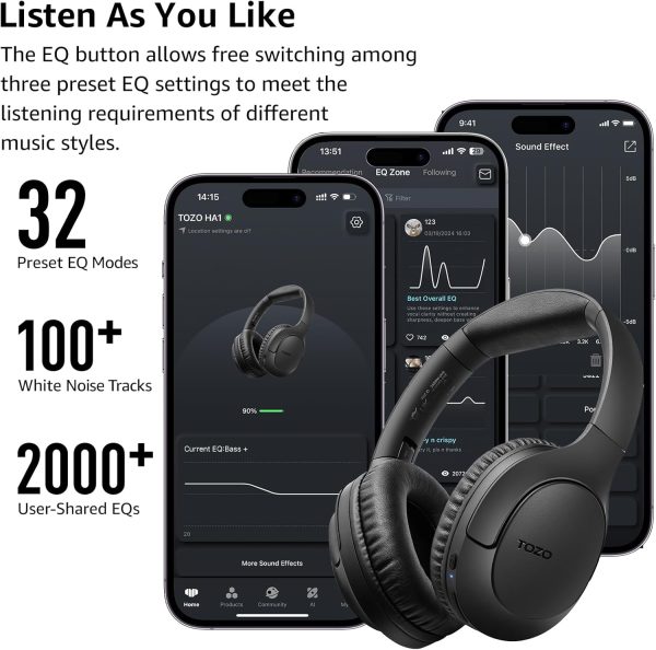 TOZO Auriculares Bluetooth 5.4, micrófono con cancelación de ruido de llamada ENC, auriculares inalámbricos plegables, reproducción de 70 horas, sonido estéreo de graves profundos, ecualizador personalizable mediante botón y aplicación, para viajes y hogar, actualizado - Imagen 8