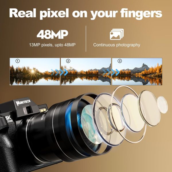 Mo Cámaras digitales 4K para fotografía, cámara Vlogging de 48 MP para YouTube con pantalla abatible de 180°, zoom digital 16X, flash y enfoque automático, lente gran angular y macro de 52 mm, 2 baterías, tarjeta SD de 32 GB (S100, negro) - Imagen 5