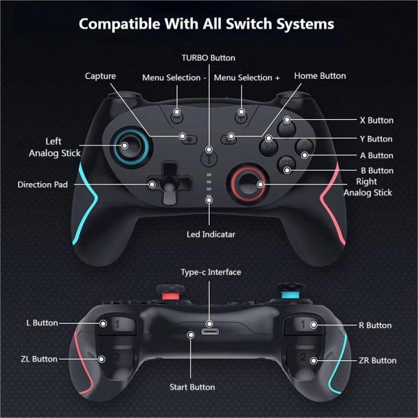 Matbip Switch pro controlador, Wireless Pro Controller para Switch/Switch Lite/Switch OLED, controlador de interruptor con 2 botones traseros, TURBO ajustable de 3 niveles (azul y rojo) - Imagen 2