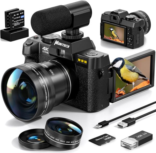 Mo Cámaras digitales 4K para fotografía, cámara Vlogging de 48 MP para YouTube con pantalla abatible de 180°, zoom digital 16X, flash y enfoque automático, lente gran angular y macro de 52 mm, 2 baterías, tarjeta SD de 32 GB (S100, negro)