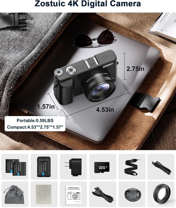 Cámara digital 4K para fotografía y vídeo, cámara de vlogging de 48 MP antivibración para YouTube, cámara de pantalla abatible de 3 pulgadas y 180° con flash zoom 16X, cámara digital con cargador de batería de tarjeta de 32 GB, color negro - Imagen 7