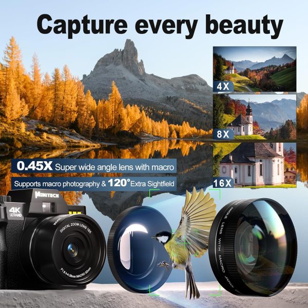 Mo Cámaras digitales 4K para fotografía, cámara Vlogging de 48 MP para YouTube con pantalla abatible de 180°, zoom digital 16X, flash y enfoque automático, lente gran angular y macro de 52 mm, 2 baterías, tarjeta SD de 32 GB (S100, negro) - Imagen 3