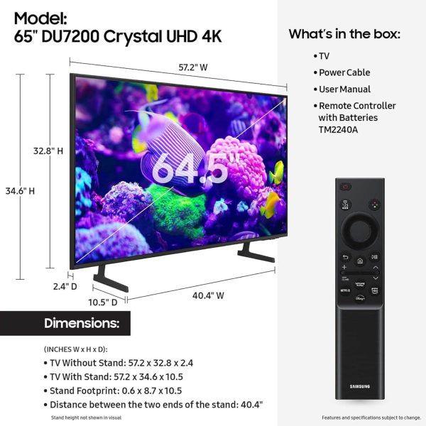 SAMSUNG Class Crystal UHD 4K DU7200 Series HDR Smart TV de 65 pulgadas con seguimiento de objetos Sound Lite, PurColor, Motion Xcelerator, Mega Contrast, Q-Symphony (UN65DU7200, modelo 2024) - Imagen 2