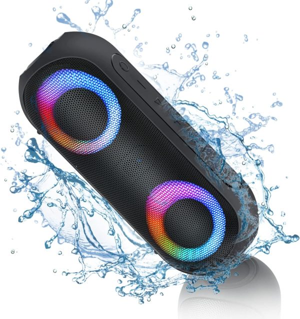 Altavoces Bluetooth con luz, Bluetooth inalámbrico portátil de 30 W (rango de 100 pies), sonido estéreo fuerte, altavoces de ducha impermeables IPX7, luces rítmicas multicolores RGB, tiempo de reproducción de 1000 minutos para interiores y exteriores