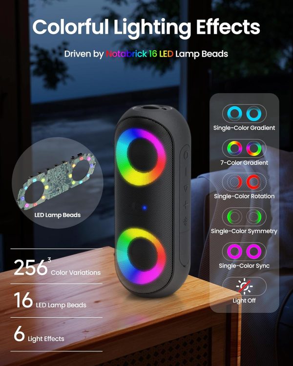 Altavoces Bluetooth con luz, Bluetooth inalámbrico portátil de 30 W (rango de 100 pies), sonido estéreo fuerte, altavoces de ducha impermeables IPX7, luces rítmicas multicolores RGB, tiempo de reproducción de 1000 minutos para interiores y exteriores - Imagen 3