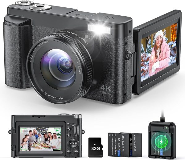 Cámara digital 4K para fotografía y vídeo, cámara de vlogging de 48 MP antivibración para YouTube, cámara de pantalla abatible de 3 pulgadas y 180° con flash zoom 16X, cámara digital con cargador de batería de tarjeta de 32 GB, color negro