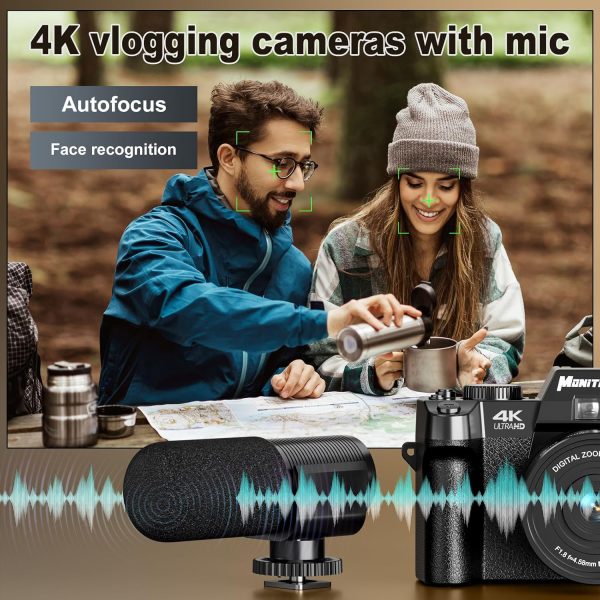 Mo Cámaras digitales 4K para fotografía, cámara Vlogging de 48 MP para YouTube con pantalla abatible de 180°, zoom digital 16X, flash y enfoque automático, lente gran angular y macro de 52 mm, 2 baterías, tarjeta SD de 32 GB (S100, negro) - Imagen 2