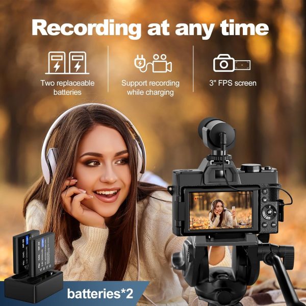 Mo Cámaras digitales 4K para fotografía, cámara Vlogging de 48 MP para YouTube con pantalla abatible de 180°, zoom digital 16X, flash y enfoque automático, lente gran angular y macro de 52 mm, 2 baterías, tarjeta SD de 32 GB (S100, negro) - Imagen 4