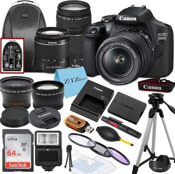 Cámara DSLR Canon EOS 2000D / Rebel T7 con EF-S 0.709-2.165 in + lente Daul EF 2.953-11.811 in + tarjeta de memoria SanDisk de 64 GB + trípode + estuche + lentes gran angular + paquete de accesorios ZeeTech (paquete de 21 piezas) (renovado)