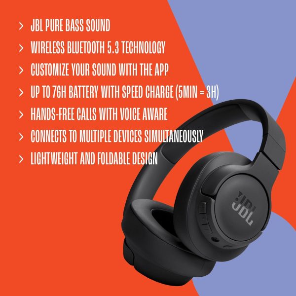 JBL Tune 720BT - Wireless Over-Ear Headphones with JBL Pure Bass Sound, Bluetooth 5.3, Up to 76H Battery Life and Speed Charge, Lightweight, Comfortable and Foldable Design (Black) - Imagen 7