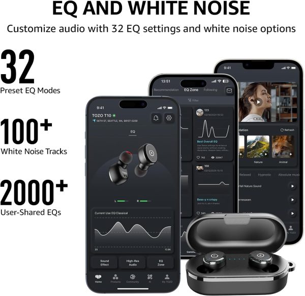 TOZO T10 (Classic Edition) Bluetooth 5.3 Wireless Earbuds with Wireless Charging Case IPX8 Waterproof Stereo Headphones in Ear Built in Mic Headset Premium Sound with Deep Bass, 32 Preset EQs via APP - Imagen 4