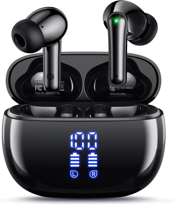 Wireless Earbuds Bluetooth Headphones, Ear Buds with Deep Bass, 40H Long Playtime, Power Display, IPX7 Waterproof in Ear Earphone with Mic for Phone Tablet Sports Workout, Black