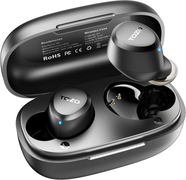 TOZO A1 Wireless Earbuds Bluetooth 5.3 Light Weight in Ear IPX5 Waterproof Headphones 2 Mic for AI Calls, Immersive Premium Sound Bass Headset with Charging Case, 32 Presets EQ Customization via App