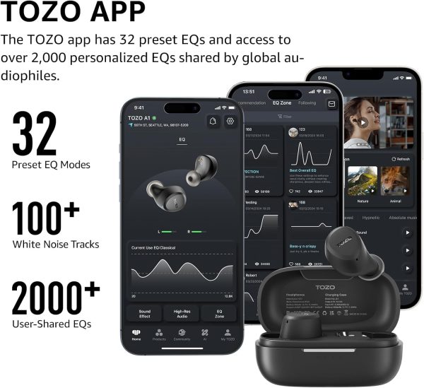 TOZO A1 Wireless Earbuds Bluetooth 5.3 Light Weight in Ear IPX5 Waterproof Headphones 2 Mic for AI Calls, Immersive Premium Sound Bass Headset with Charging Case, 32 Presets EQ Customization via App - Imagen 7